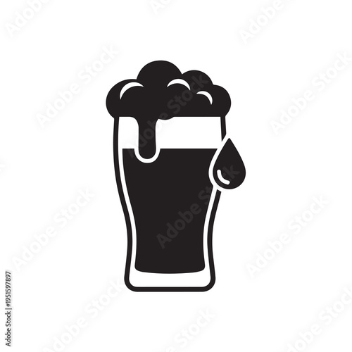 Dark Beer With Foam Overflowing And Droplet Minimalist Icon Isolated On White