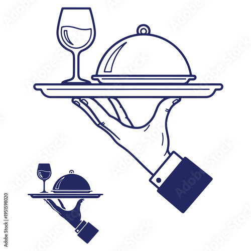 Elegant Hand Serving Tray with Wine Glass and Covered Dish for Restaurant or Hotel Service vector illustration