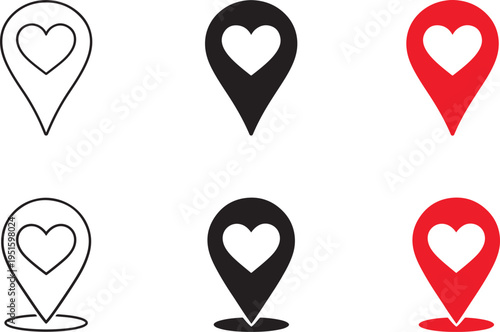 Favorite location icon set with map pin and heart for saved places clean vector design ui.