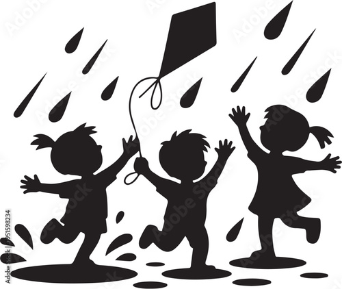 Black silhouettes of three children playing with kite in rain