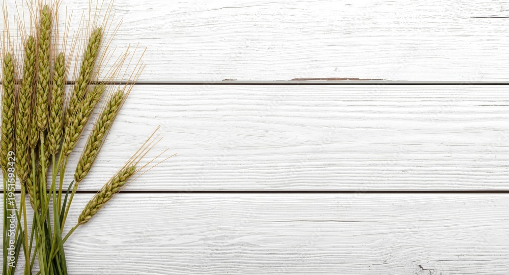 Obraz premium Rustic vintage texture featuring green wheat and rye on white wooden board with copy space