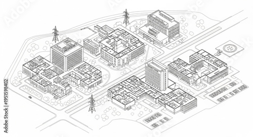 Architectural isometric drawing of a complex urban environment with buildings and infrastructure.