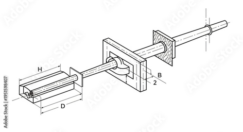 Isometric illustration of a mechanical component with rectangular and cylindrical shapes.