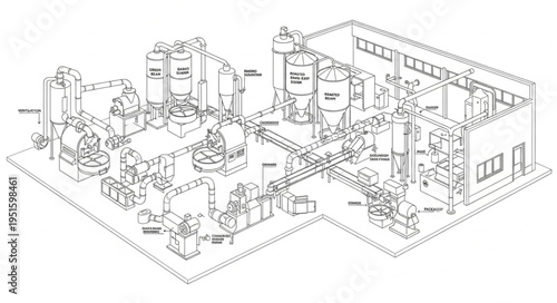 Detailed industrial plant illustration showcasing complex machinery and infrastructure for processing.