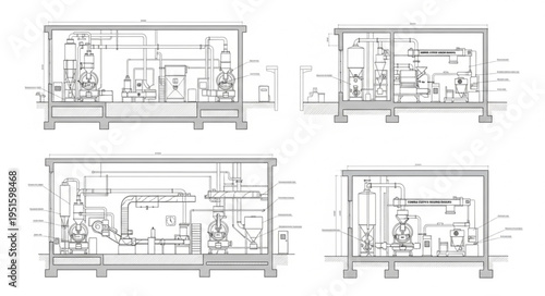 Detailed architectural blueprints showcasing various industrial machinery and equipment layouts.