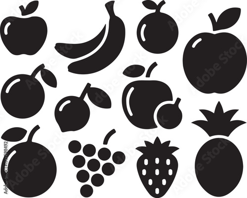 Black silhouettes of various fruits apple banana grape