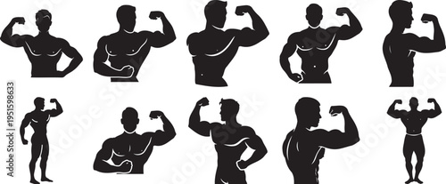 Muscular male bodybuilder flexing biceps pose silhouette set showing fitness strength and bodybuilding athlete