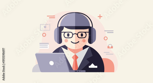 Cheerful person wearing headphones and glasses working on a laptop