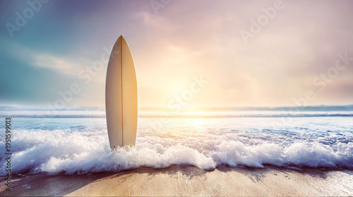 Surfer standing on beach during sunrise with waves