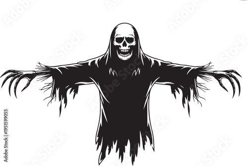 Black skeleton figure with hooded cloak and sharp fingernails