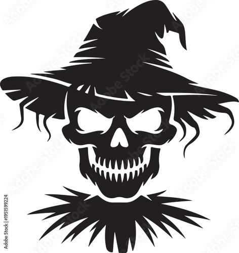 Black skull wearing witch hat with spiky collar white background