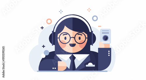 Cheerful person wearing headphones and glasses, holding a device
