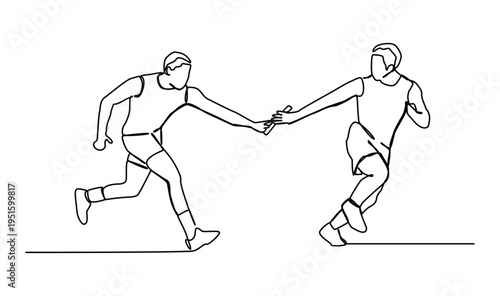Continuous one line art of young sporty runner man pass baton stick to his team mate. Healthy lifestyle and fun jogging sport concept