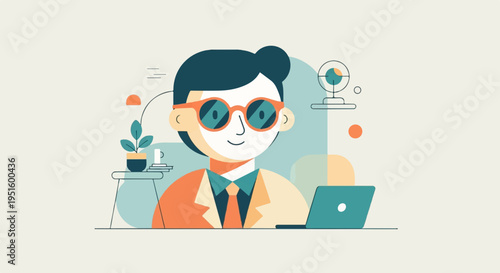 Cheerful person in sunglasses works on a laptop with a webcam nearby