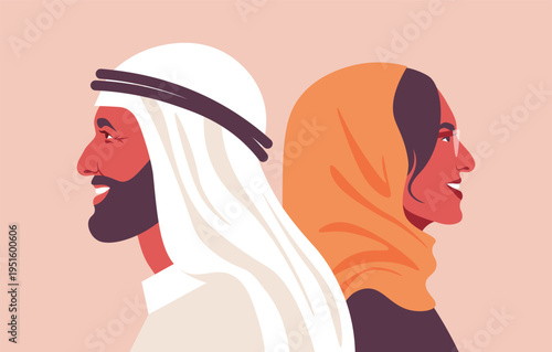 Modern flat vector illustration of a smiling young Arab couple in profile view, standing back-to-back. Modern Islamic lifestyle, family, cultural heritage, partnership, and diversity.