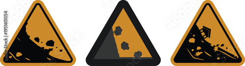 Falling rocks warning sign icon set collection group, landslide danger symbols, road hazard caution signs, rockfall alert vector icons for traffic safety and construction design.