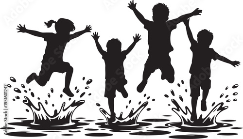 Children jumping in puddles silhouettes kids