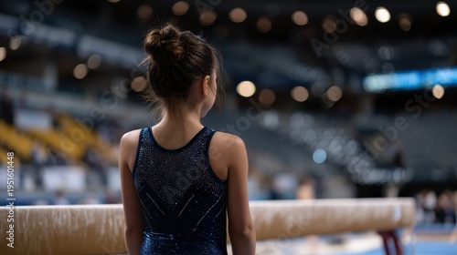 Young female gymnast in a blue leotard stands at the balance beam, focused and ready for her routine in a well-lit indoor sports arena