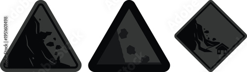 Falling rocks warning sign icon set collection group, landslide danger symbols, road hazard caution signs, rockfall alert vector icons for traffic safety and construction design.