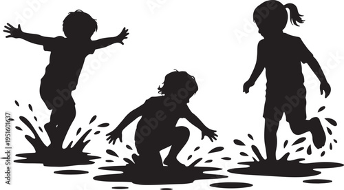 Children playing in puddles silhouettes kids black