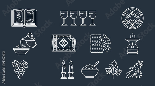 Displaying a curated collection of Jewish ritual food and symbol icons on a dark blue digital canvas, presented as flat line illustrations for cultural web and app interfaces, viewed straight on