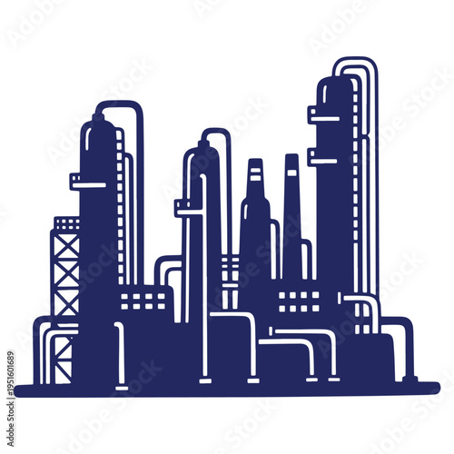 Industrial Plant Silhouette Depicting Manufacturing and Petrochemical Production with Complex Pipe Systems and Towering Structures Against a White Background