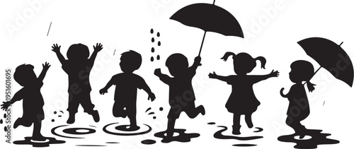 Children playing in puddles on a rainy day with umbrellas