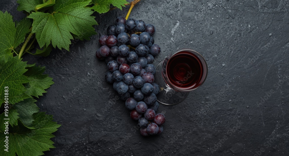 Naklejka premium Overhead perspective of grapes and wine glass on a black stone surface with foliage