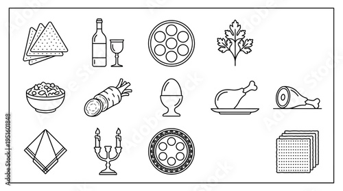 A white showcase of line food icons celebrating holidays and religion, featuring triangular dishes, wine bottle, egg cup, fish plate, menorah, leaf and books viewed from a minimalist perspective