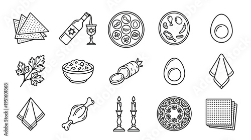 Flat overhead view of a minimalist studio display showing sixteen black‑and‑white line drawings of food, plate, candlestick, avocado, and book arranged on a plain white background vector illustration