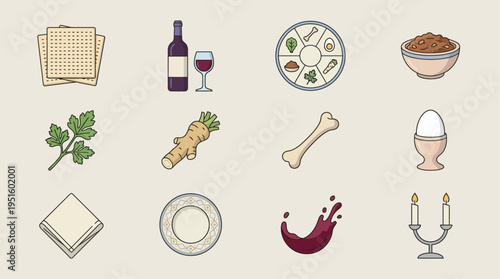 Celebrating Passover with a whimsical cartoon set of twelve festive icons featuring matzo, wine, egg, candle, and parsley arranged on a beige background, viewed from a flat perspective