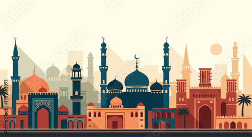 Detailed Silhouette of Middle Eastern Architecture and Mosques.