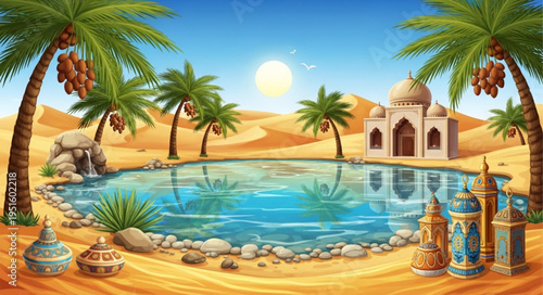 Oasis in the Desert with Palm Trees and Mosque.