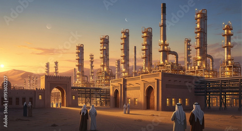 Industrial Complex with Middle Eastern Architecture at Sunset.