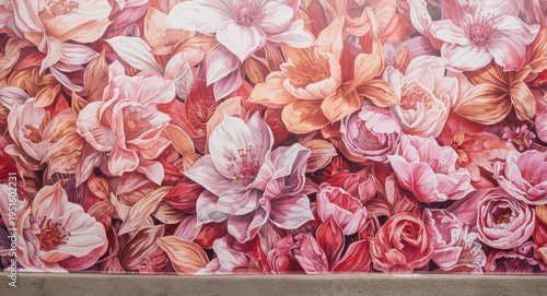 large scale floral mural with detailed petals on wall surface