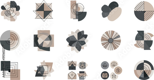 Collection of abstract geometric and organic shapes in muted earthy tones