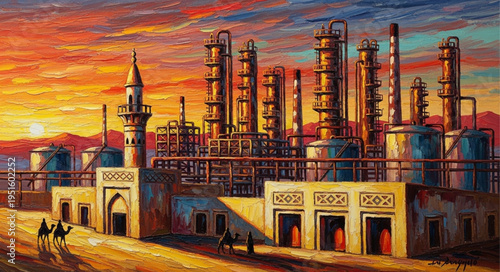 Oil Refinery Complex at Sunset - A Blend of Tradition and Industry.