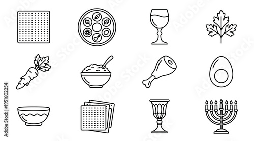 Flat lay view of twelve black line icons depicting Passover seder items like matzo, leg of lamb, carrot, wine glass and menorah, arranged in four rows on a white background for cultural illustration