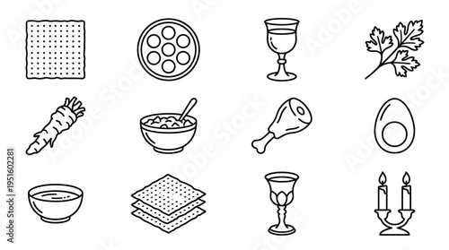 Viewpoint illustration of a celebration displaying twelve black‑and‑white icons that represent meal tradition items such as plates, glasses, chicken, fish, egg, candelabra and leafy branch