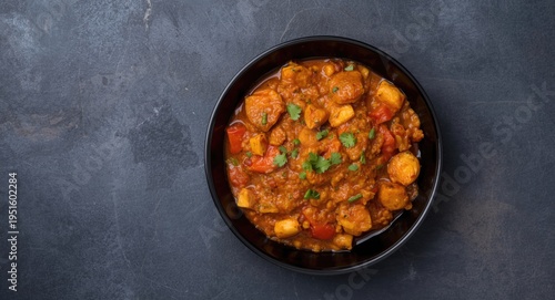 Overhead perspective of Indian vegetable Kolhapuri served in black bowl on slate colored surface