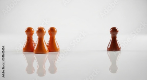 A group of orange game pawns standing apart from a single dark brown pawn on a white background