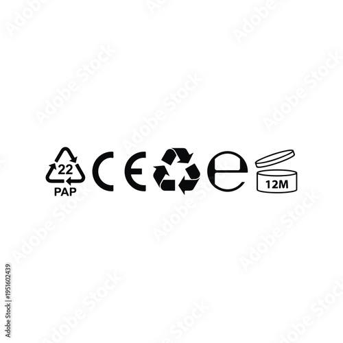 Collection of Cosmetic Packaging Symbols, Recycle PAP 22, CE Mark and PAO Icon