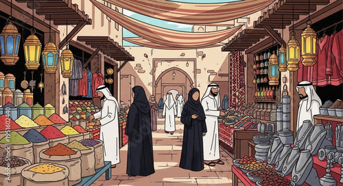 Bustling Souk Scene - People Shopping in a Traditional Middle Eastern Market.