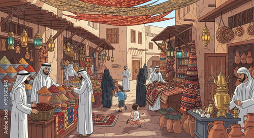 Bustling Middle Eastern Marketplace Scene with Merchants and Shoppers.