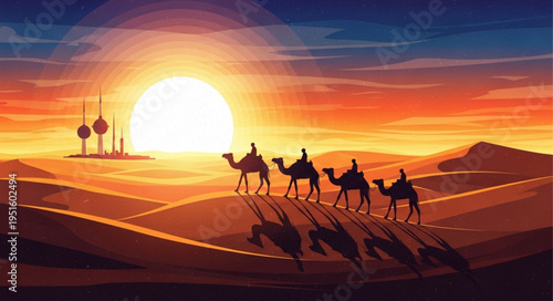 Caravan of Camels Traversing a Desert Landscape at Sunset.