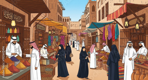 Bustling marketplace scene with traditionally dressed people in a Middle Eastern city.