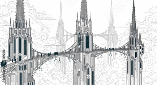Detailed Line Art of Gothic Towers Connected by Bridges.