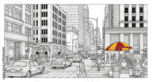 Vibrant Umbrella Amidst Urban Sketch - A Pop of Color.