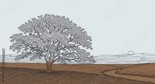 Solitary Tree in Field - A Detailed Illustration of Natures Beauty.