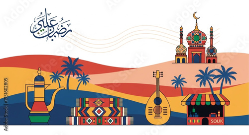 Ramadan Celebration Illustration with Traditional Elements and Arabic Calligraphy.
